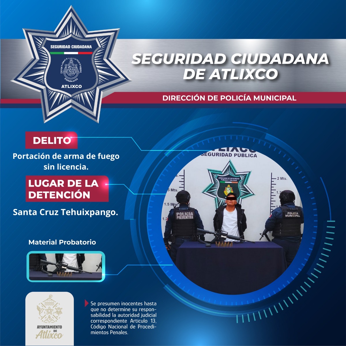 LA SECRETARÍA DE SEGURIDAD CIUDADANA DE ATLIXCO DETIENE A HOMBRE ARMADO