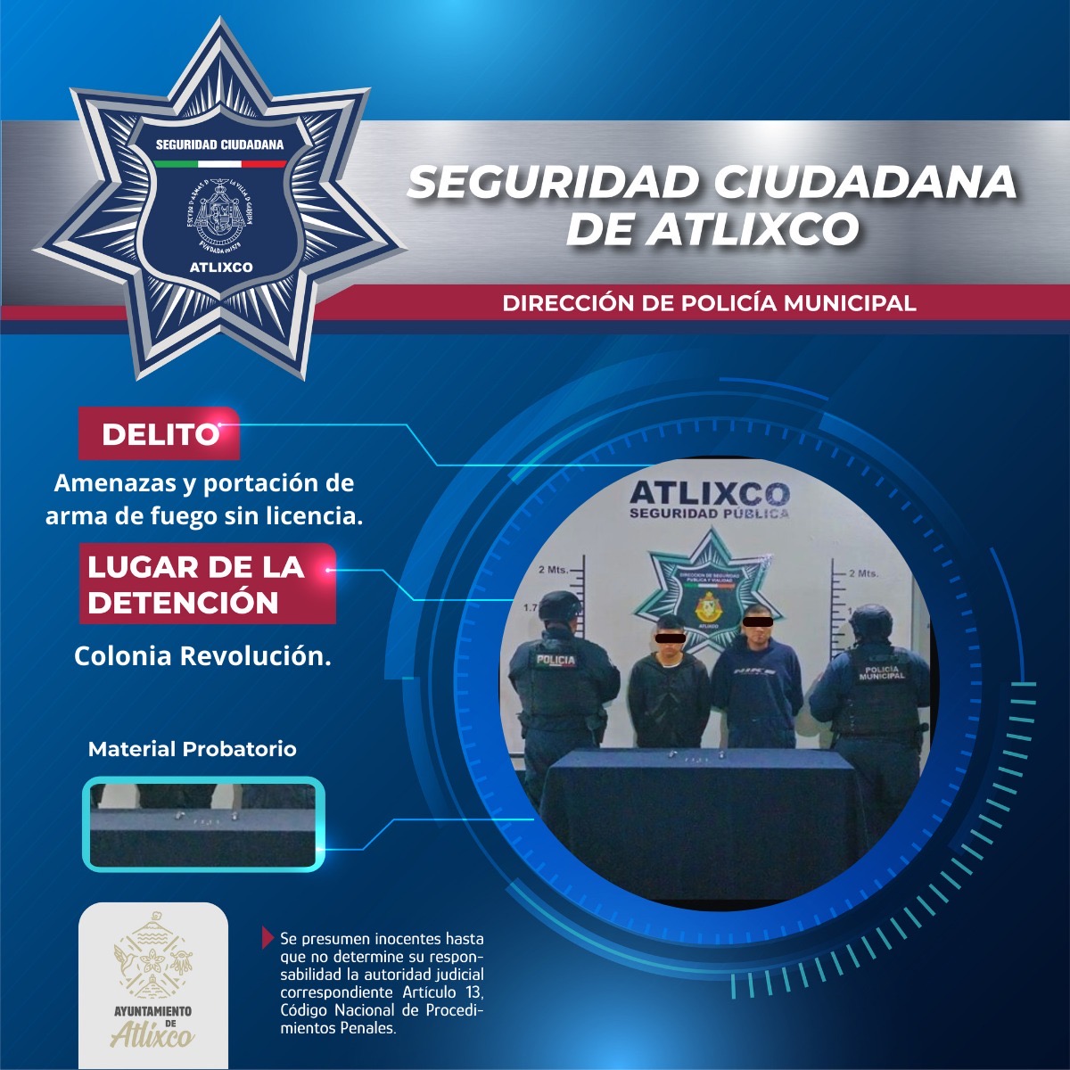 SSC DETIENEN A DOS HOMBRES POR AMENAZAS Y PORTACIÓN ILEGAL DE ARMA DE FUEGO EN ATLIXCO